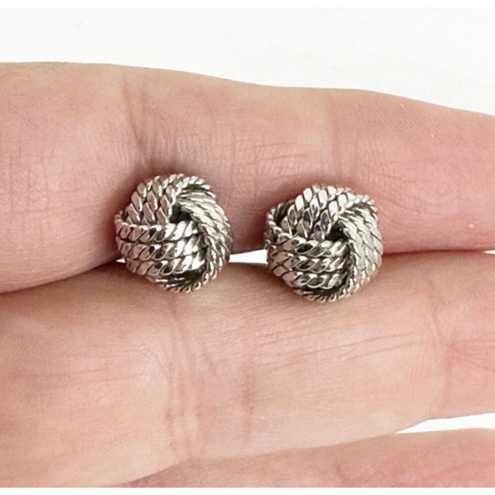 Vintage Textured Silver Tone Love Knot Stud Earrings
